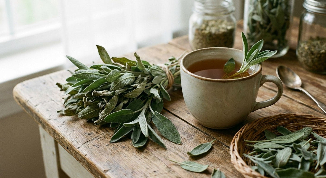 Свежи и сушени листа салвия и чай - градински чай