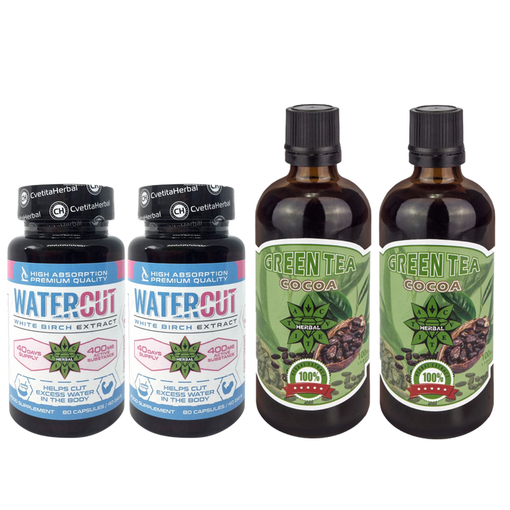 КОМБО ПАКЕТ: Зелен Чай с Какао 100мл + Water Cut (Екстракт от бяла бреза) 80 капс.