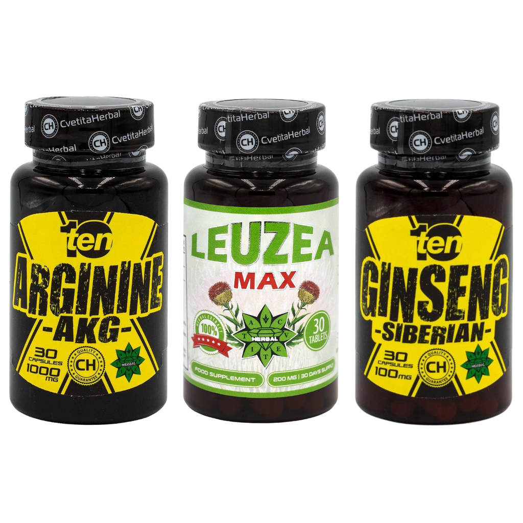 КОМБО ПАКЕТ: Левзея 30 табл. + ТЕН Аргинин 40 табл. + Тен Сибирски Женшен 30 табл.