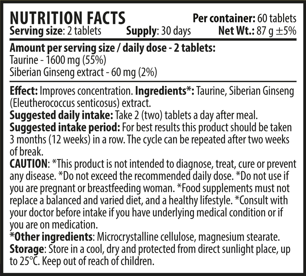 Таурин и Сибирски Женшен - Brain Body Booster (60 таблетки х 1660 mg)