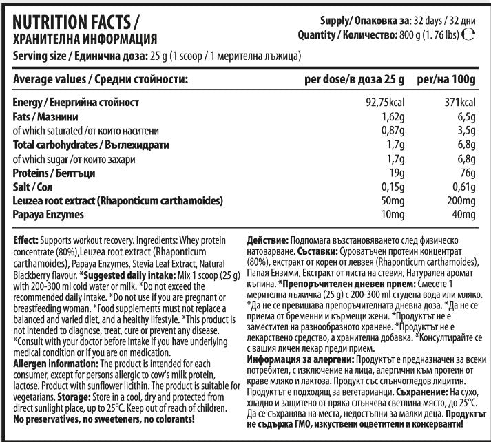 Суроватъчен Протеин с Левзея и Папая Ензими - MAN PRO WHEY CONCENTRATE (800 gr)