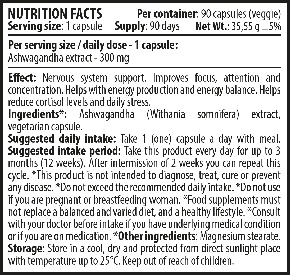 Ashwagandha 90 capsules Nutrition Facts EN 3