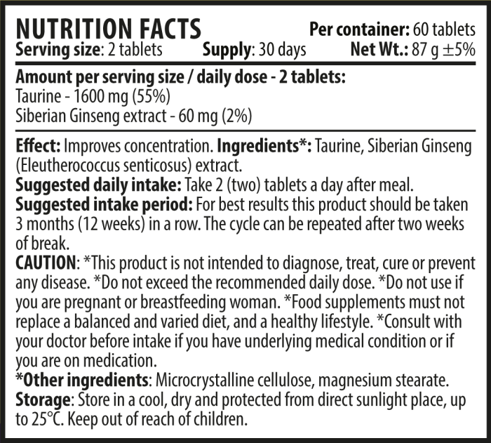 Brain Body Booster 60 tablets Nutrition Facts EN 1