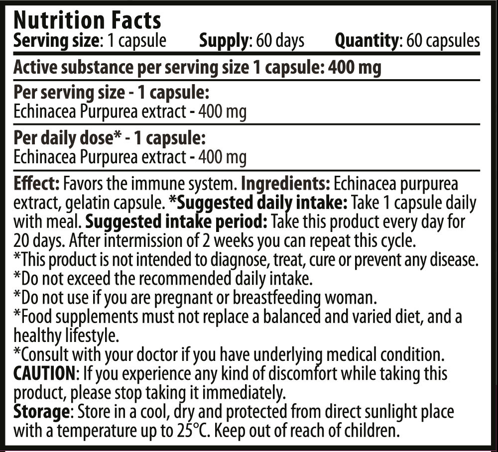 Echinacea 60 capsules Nutrition Facts EN