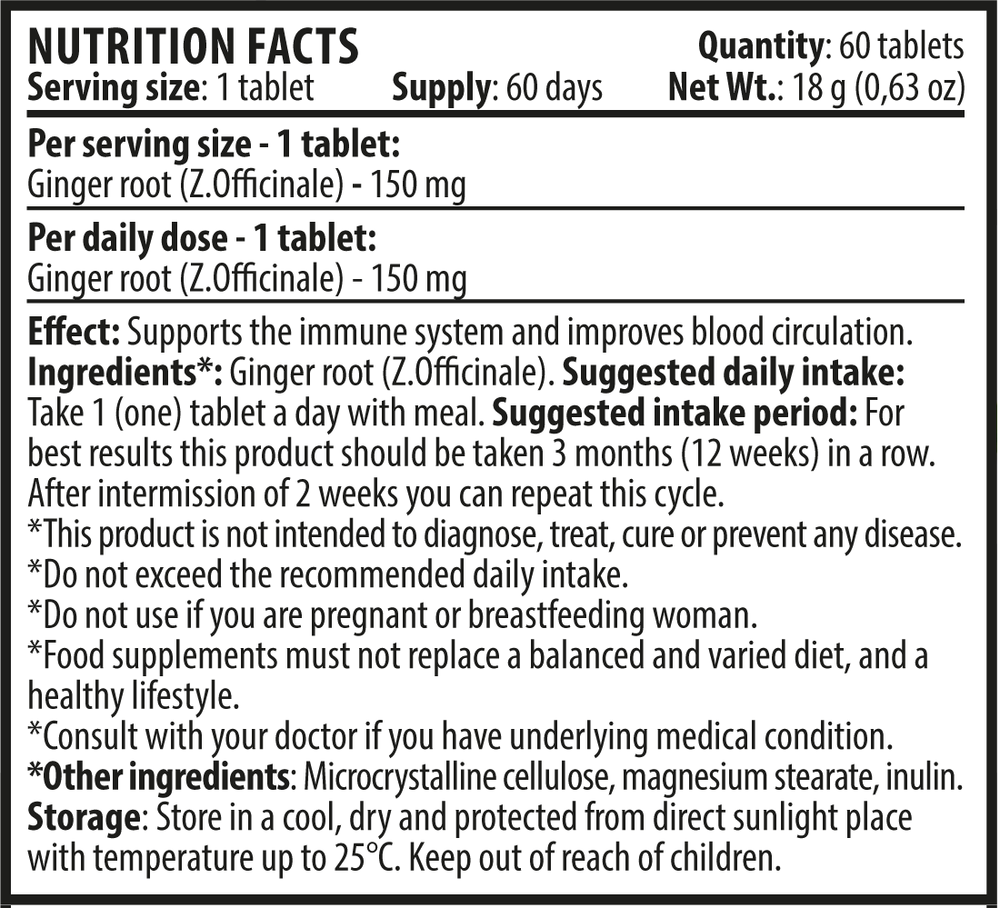 Ginger 60 tablets Nutrition Facts EN