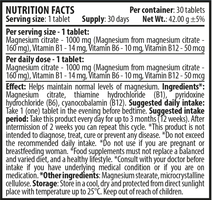 Magnesium B Complex 30 tablets Nutrition Facts EN