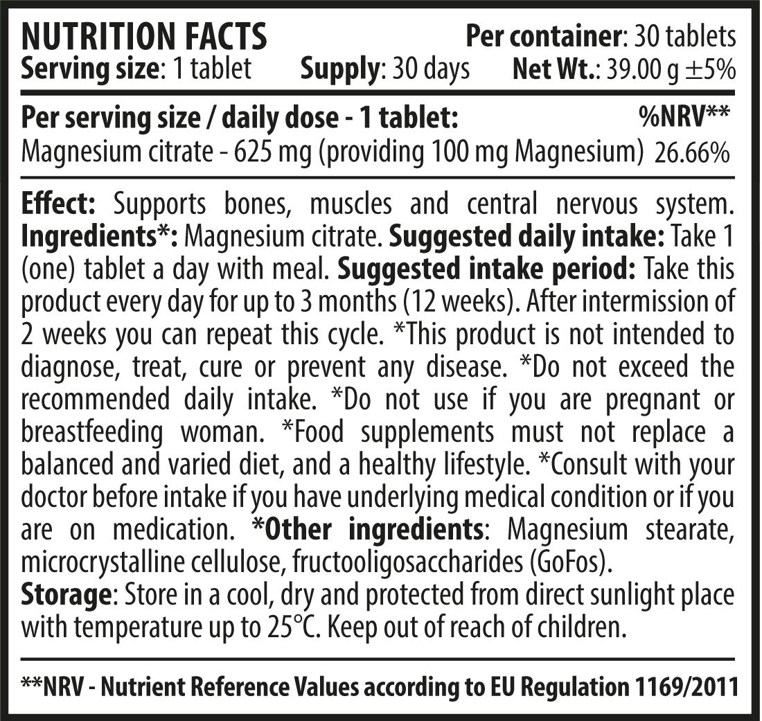 Magnesium Pure 30 tablets Nutrition Facts EN
