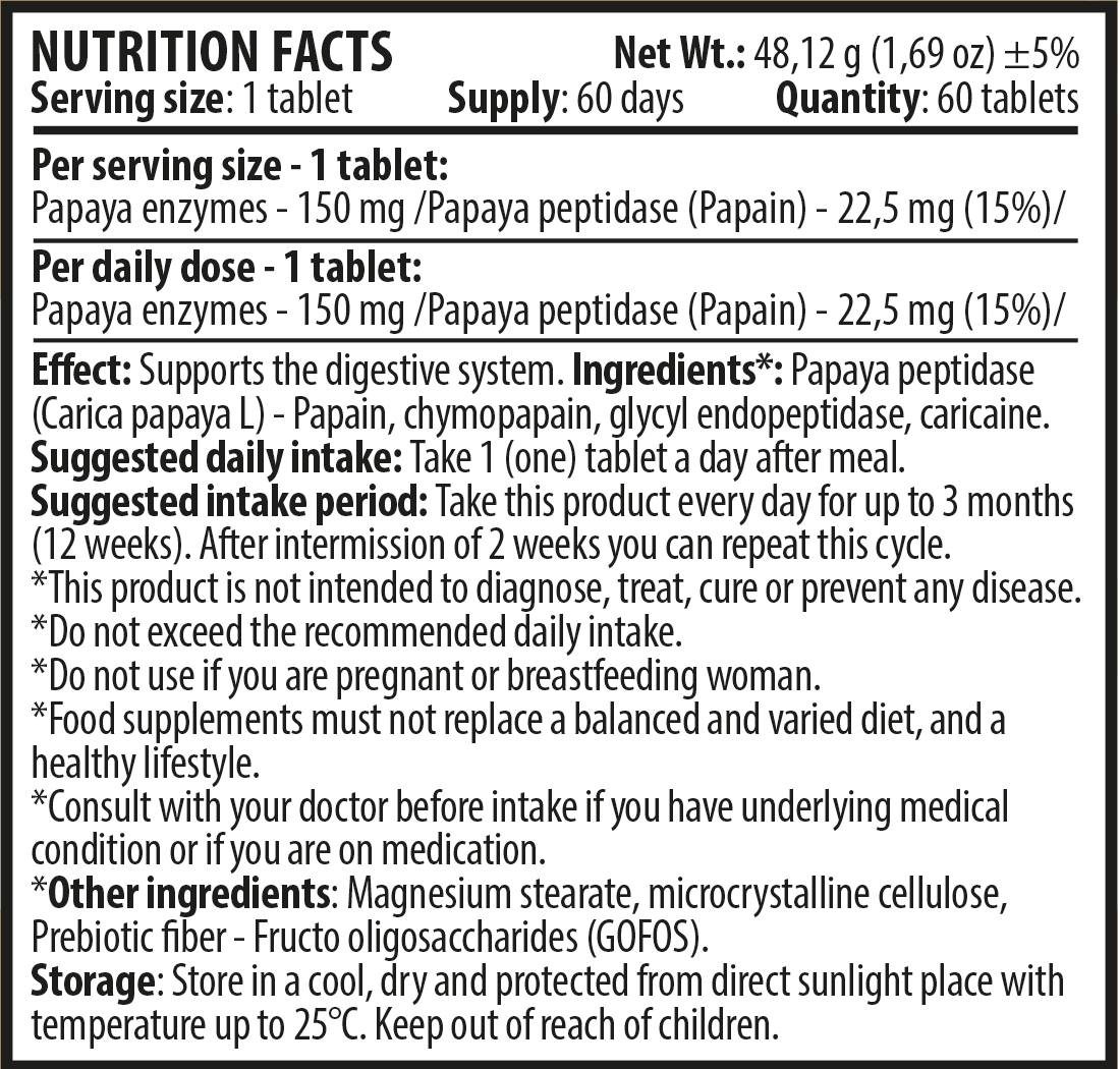 Papaya Enzymes 60 tablets Nutrition Facts EN web