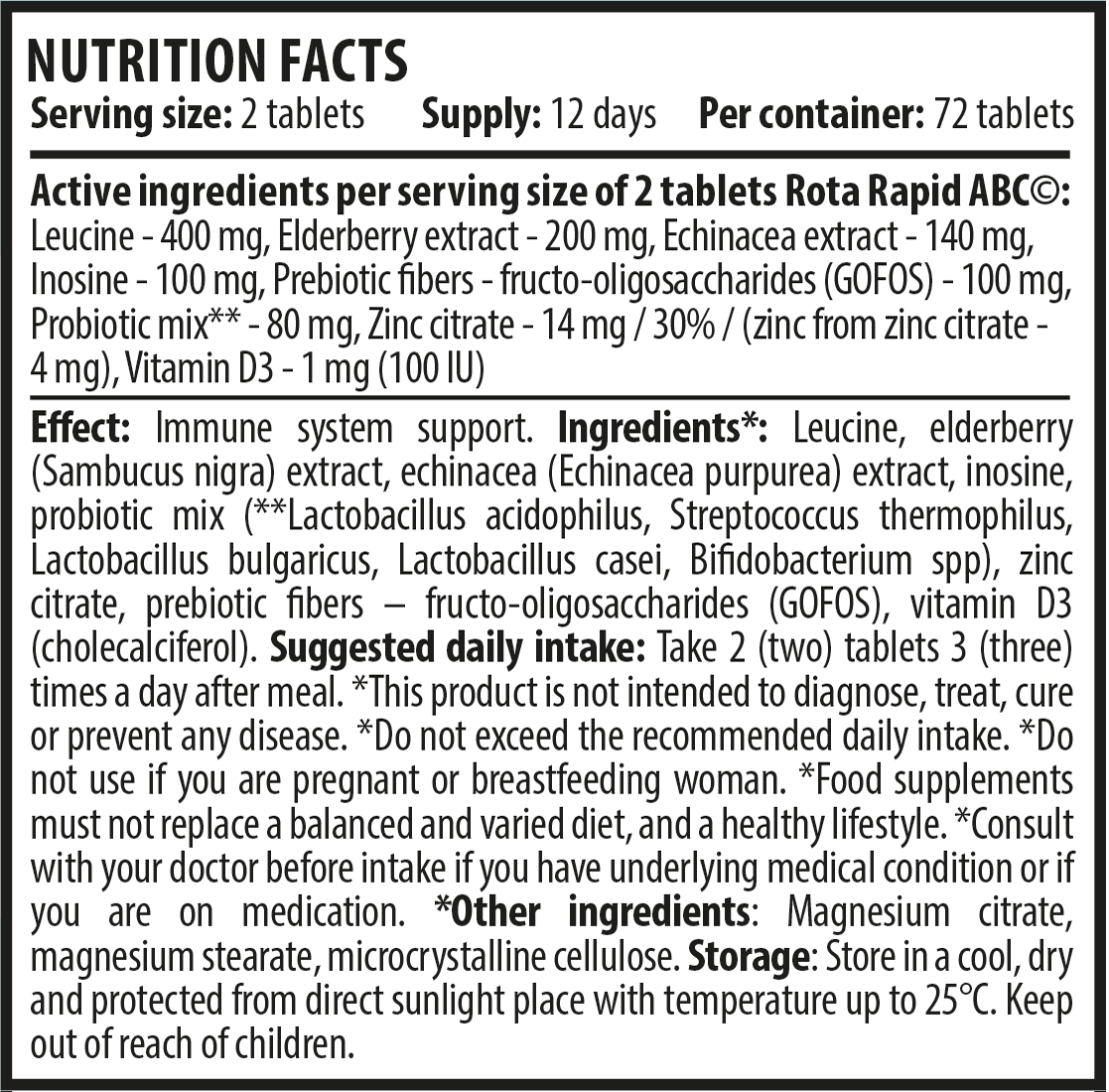 Rota Rapid ABC 72 tablets Nutrition Facts EN