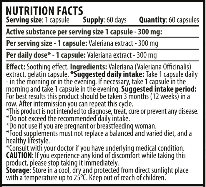 Valerian Label 60 capsules Nutrition Facts EN