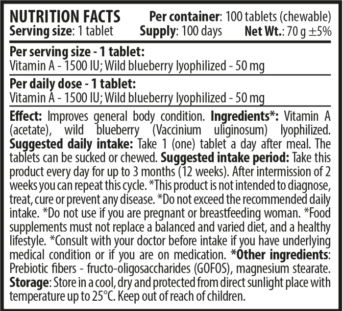 Vitamin A 100 tablets Nutrition Facts EN
