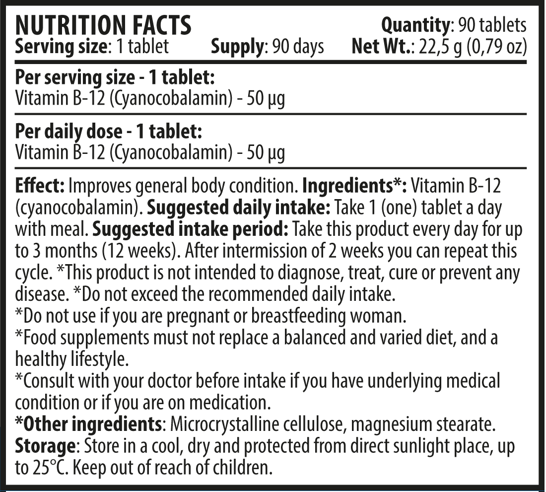 Vitamin B12 90 tablets Nutrition Facts EN