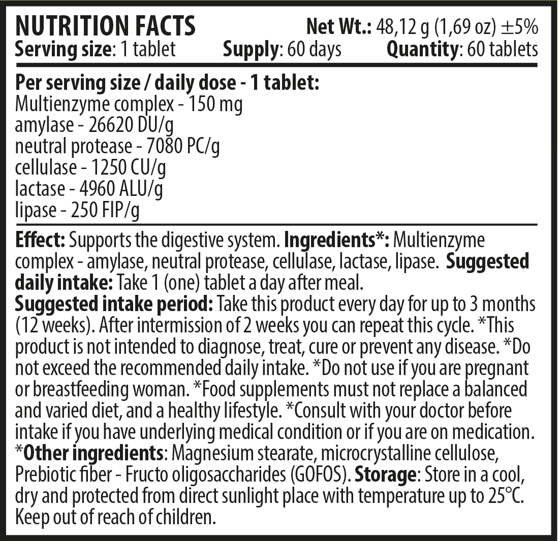 dZyme 60 tablets Nutrition Facts EN web